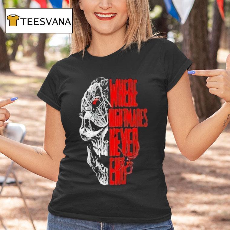 Where Nightmares Never End Knott's Scary Farm Spider Skull Shirt