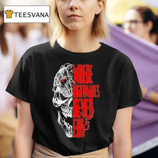 Where Nightmares Never End Knott's Scary Farm Spider Skull Shirt