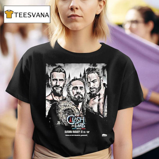 Wwe Clash In Paris Matchup Featuring Seth Rollins Cm Punk And La Knight On August 31 2025 With Championship Belt Shirt