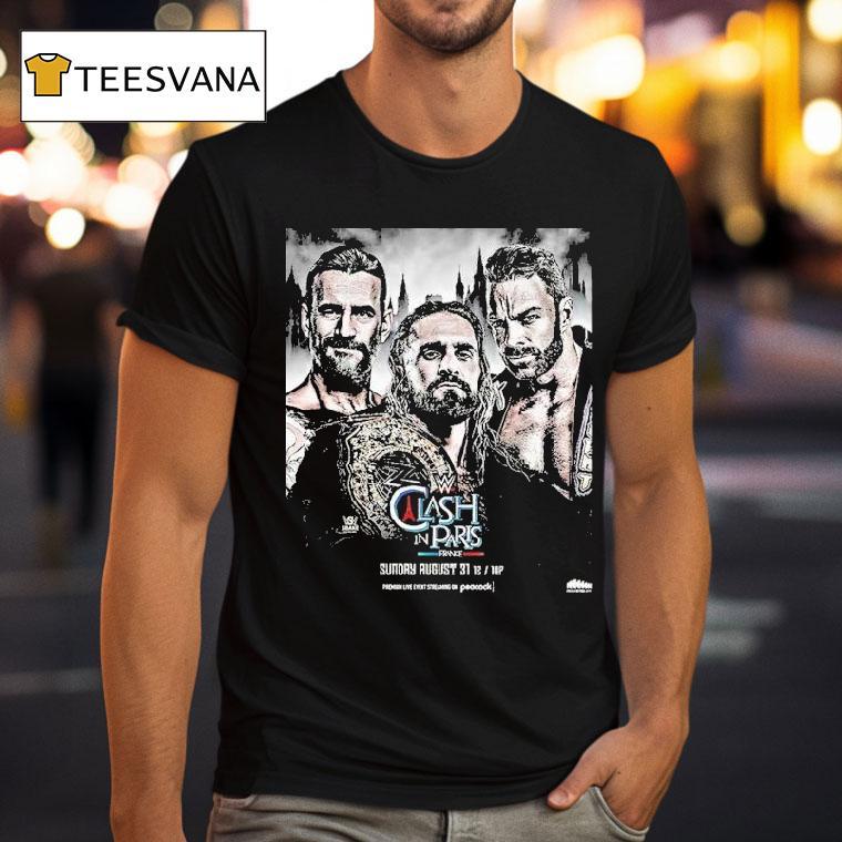 Wwe Clash In Paris Matchup Featuring Seth Rollins Cm Punk And La Knight On August 31 2025 With Championship Belt Shirt