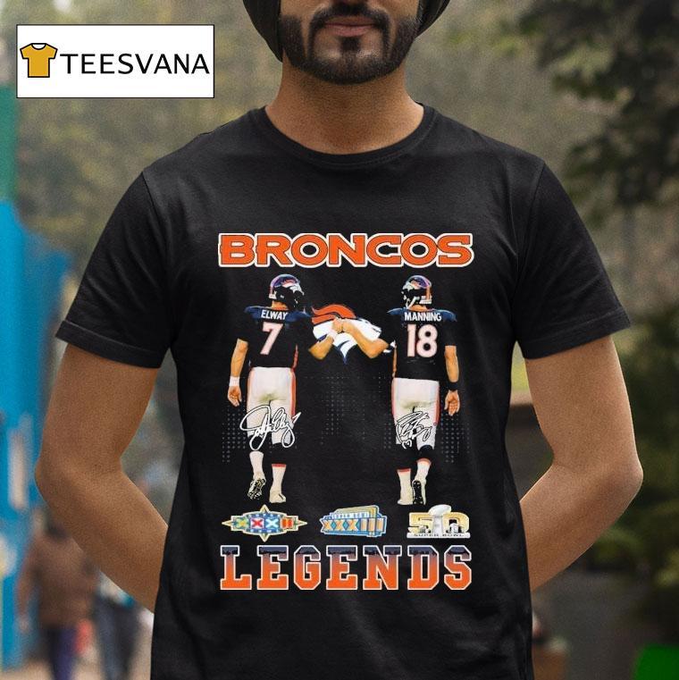 John Albert Elway Jr. And Peyton Manning Denver Broncos Legends Skyline Signatures Shirt