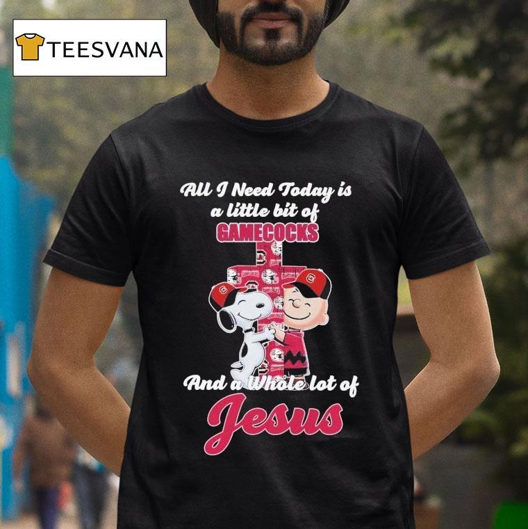 Snoopy And Charlie Brown All I Need Today Is A Little Bit Of South Carolina Gamecocks And A Whole Lot Of Jesus Shirt