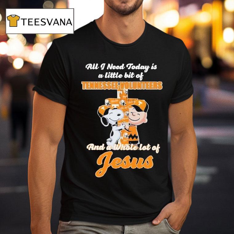Snoopy And Charlie Brown All I Need Today Is A Little Bit Of Tennessee Volunrs And A Whole Lot Of Jesus Shirt
