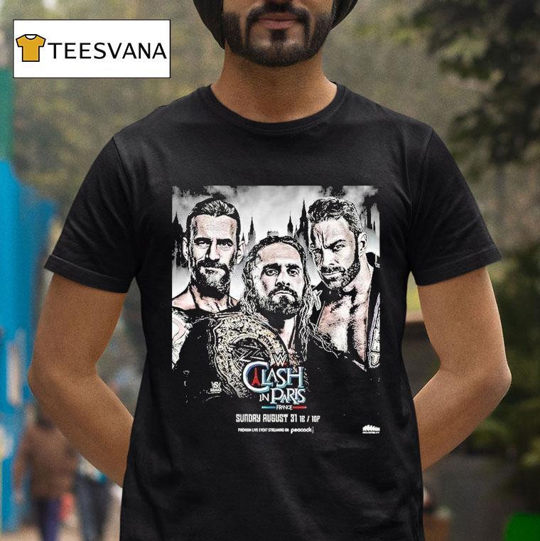 Wwe Clash In Paris Matchup Featuring Seth Rollins Cm Punk And La Knight On August 31 2025 With Championship Belt Shirt
